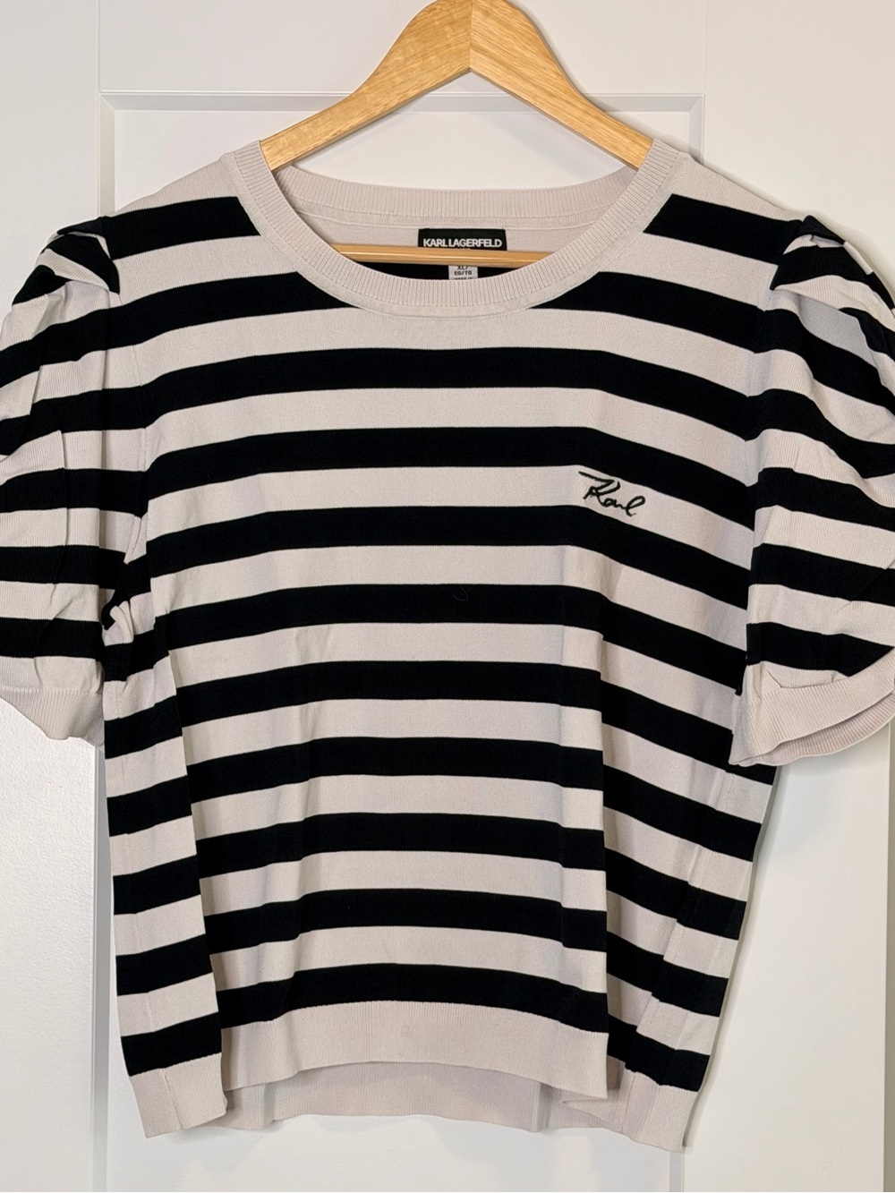 Karl Lagerfeld Black & Cream Striped Puff Sleeve Knit Top